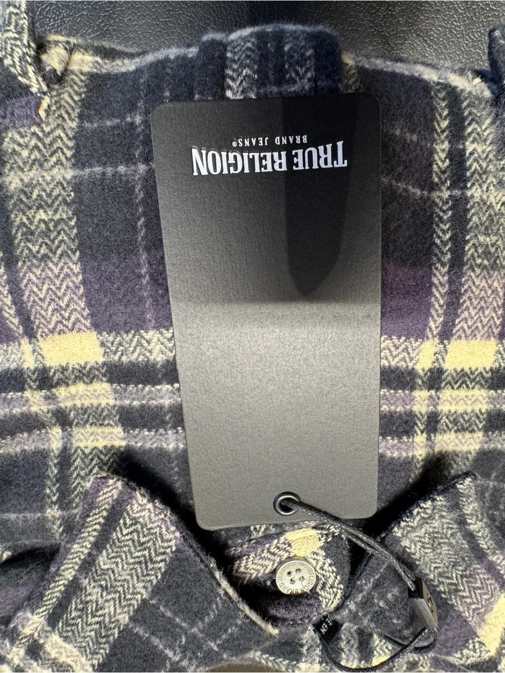 NWT True Religion Travertine Purple/Black Plaid Flannel XL Large Logo On Back 05